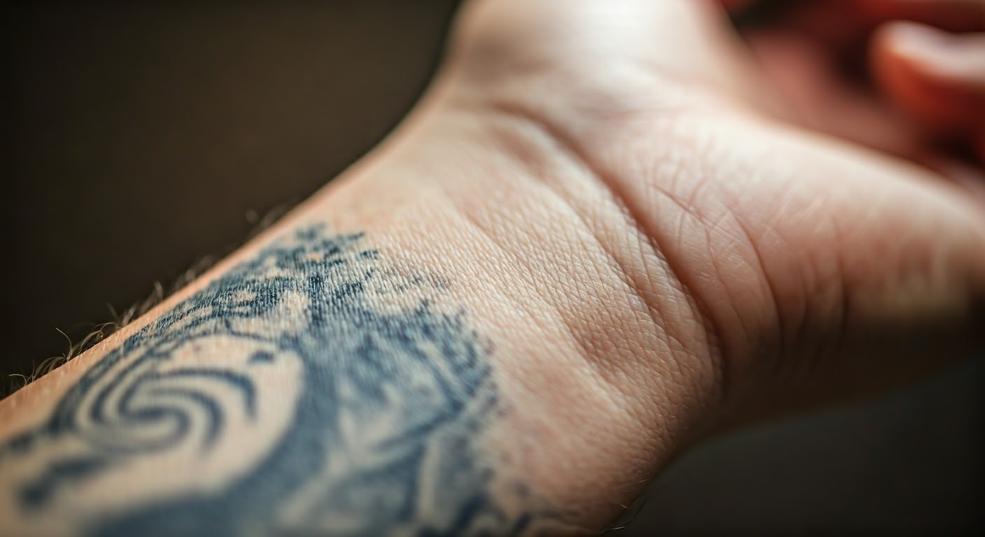 Fading wrist tattoo for removal process.